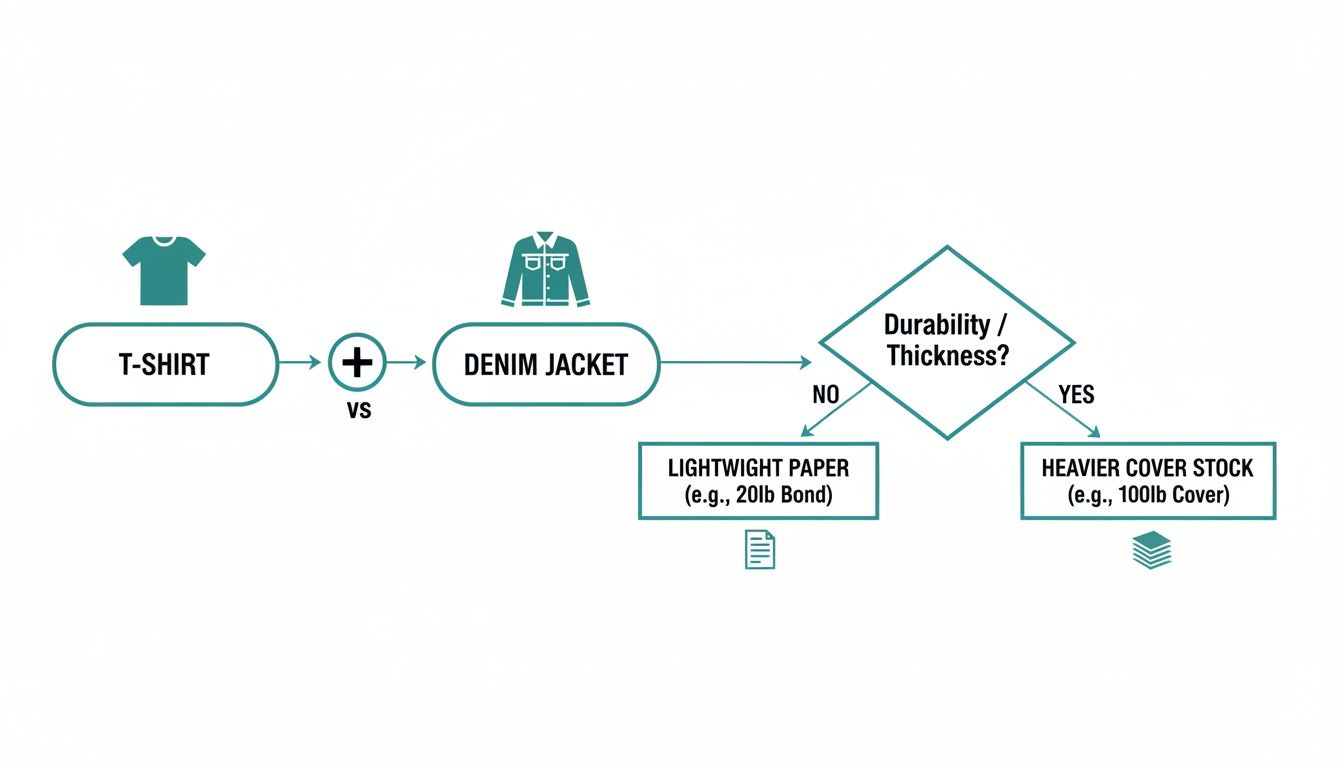 Flowchart explaining paper weight by comparing T-shirts and denim jackets to lightweight and heavy cover stock paper.