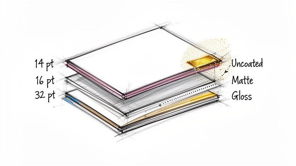 A diagram illustrating different paper thicknesses (14pt, 16pt, 32pt) and finishes (uncoated, matte, gloss) for printing.