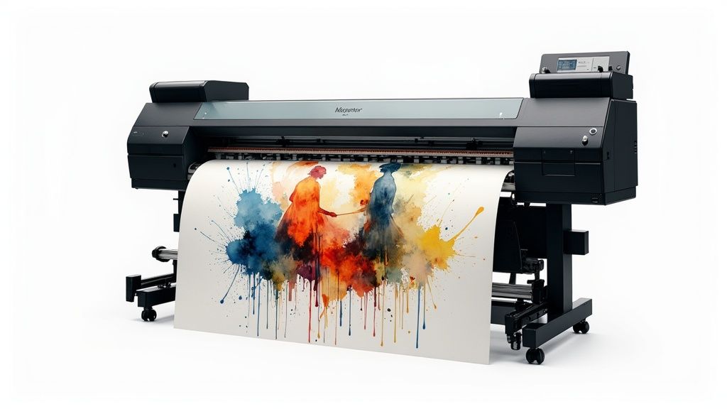 A close-up of a large format printer head applying ink to a vibrant poster design.