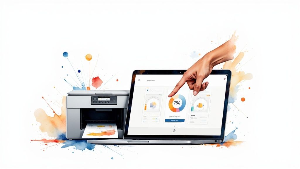 An illustration of a technician using a tablet to run diagnostics on a printer, with icons for settings and tools.