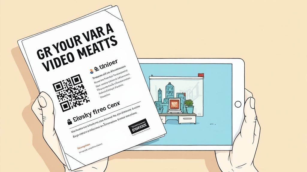 A hand holding a smartphone scanning a QR code on a real estate flyer.