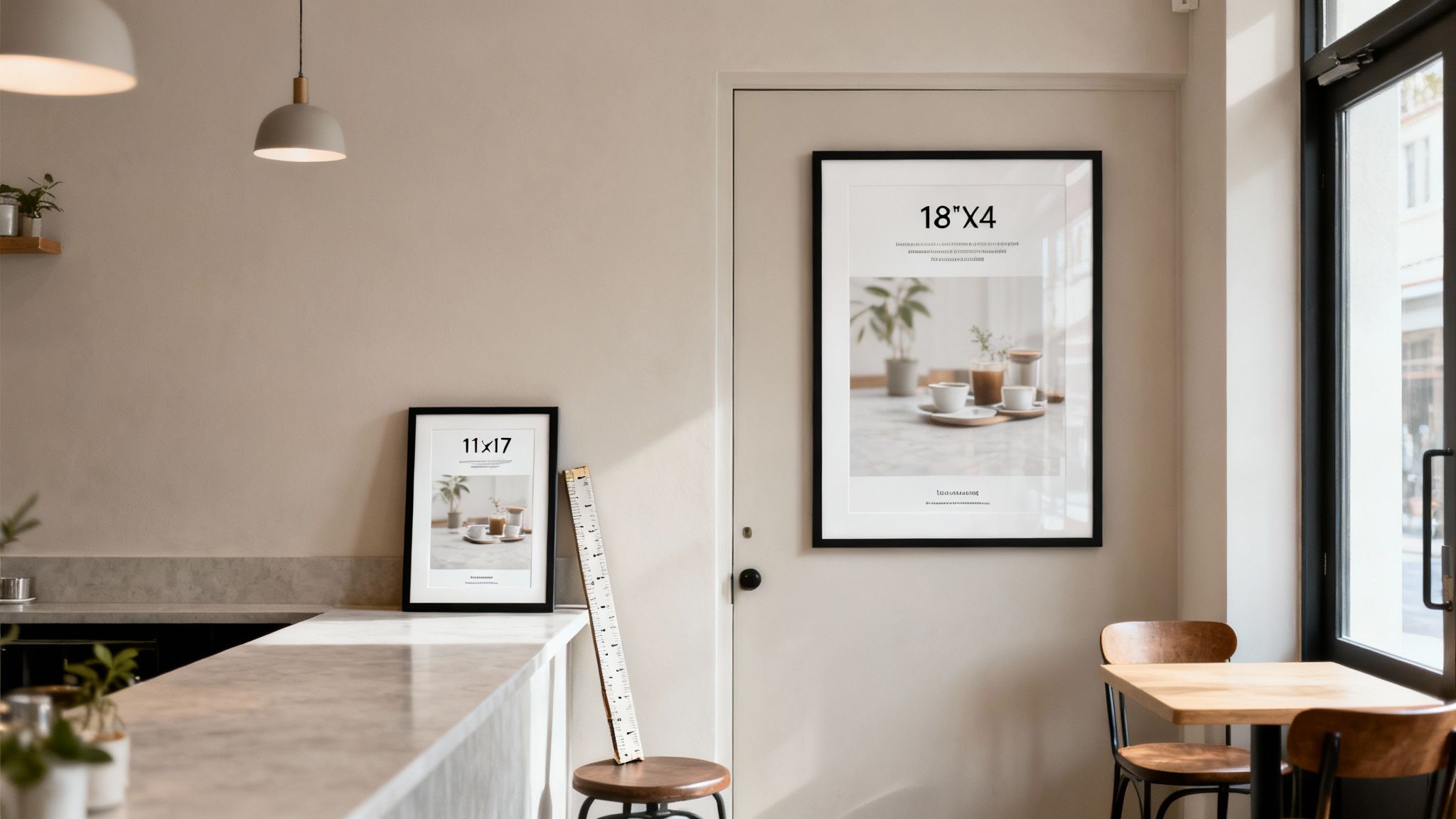 Two framed posters displaying different sizes, along with a counter, stools, and tables in a modern cafe interior.