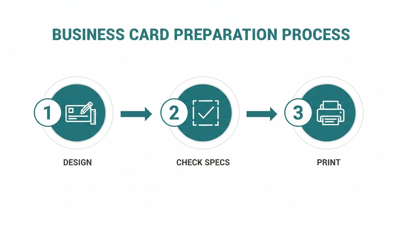 Infographic showing a three-step business card preparation process: Design, Check Specs, and Print.