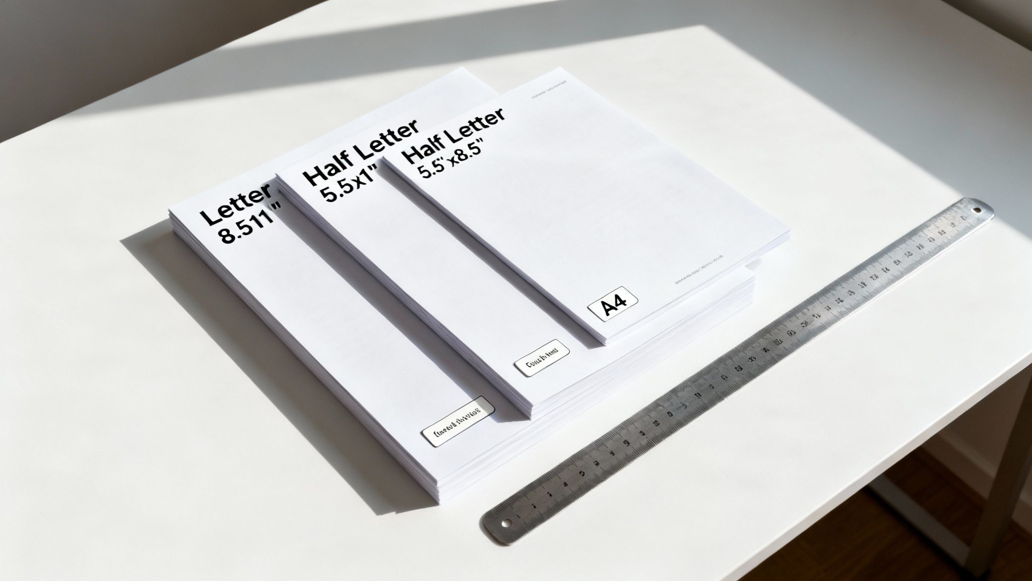 Stacks of different paper sizes including Letter, Half Letter, and A4, with a ruler on a white table.