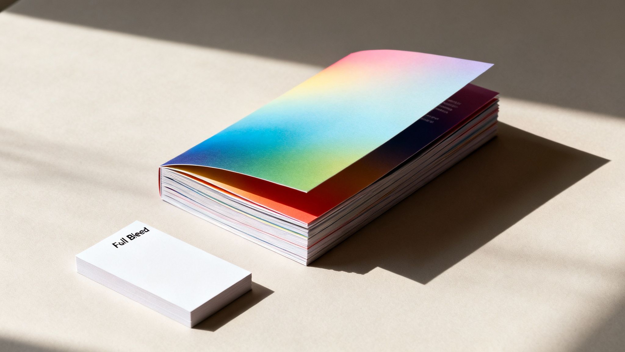 A colorful gradient booklet and a stack of 'Full Bleed' cards on a light surface with shadows.