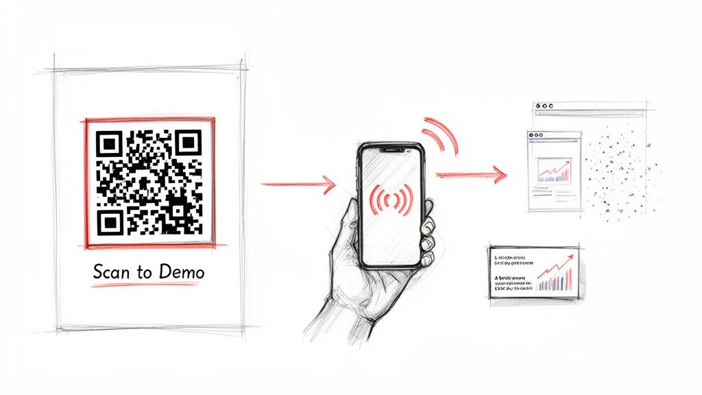 Illustration of scanning a QR code with a smartphone to access online demo content and analytics.