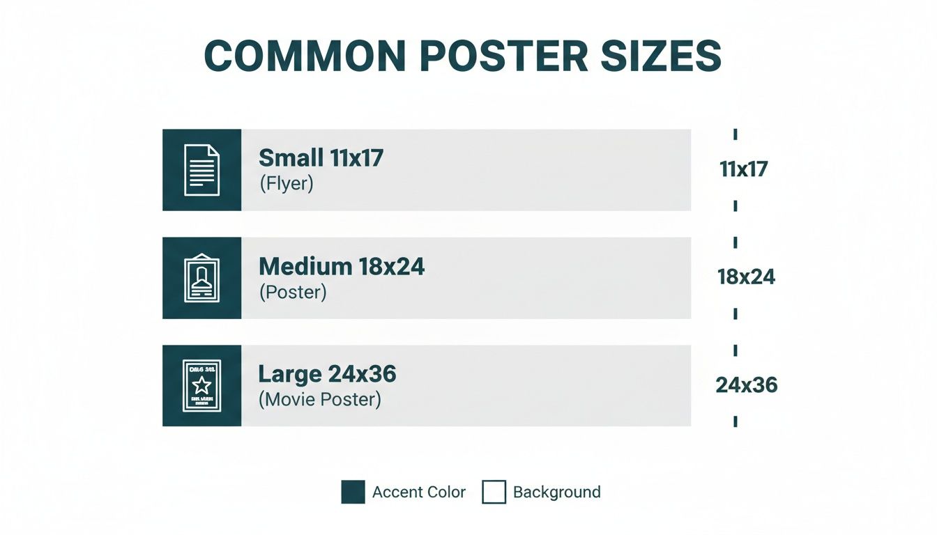 A graphic illustrating common poster sizes: Small (11x17 inches), Medium (18x24 inches), and Large (24x36 inches).