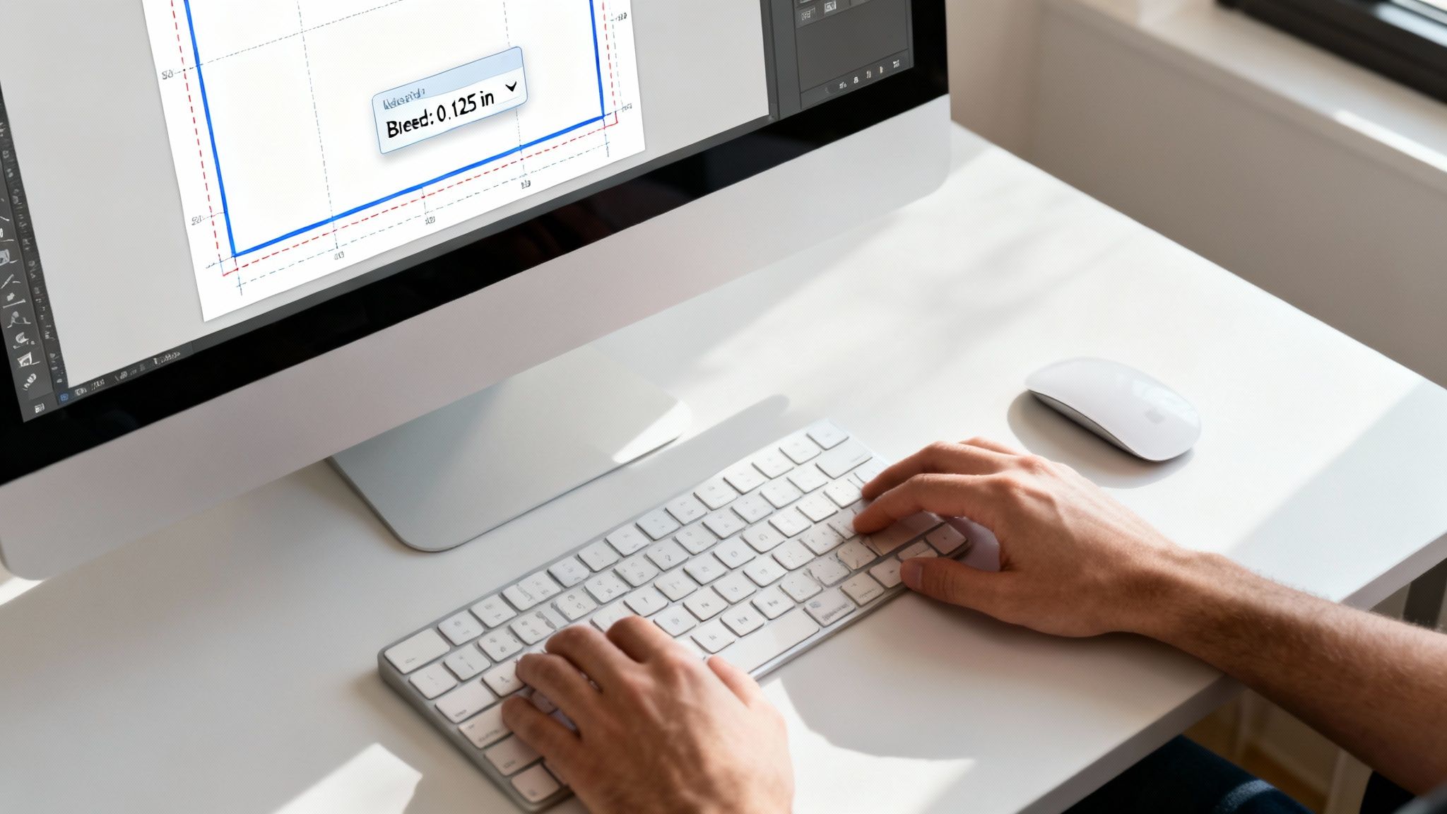 Hands typing on a modern keyboard, a monitor displaying graphic design software with print bleed settings, and a white mouse.