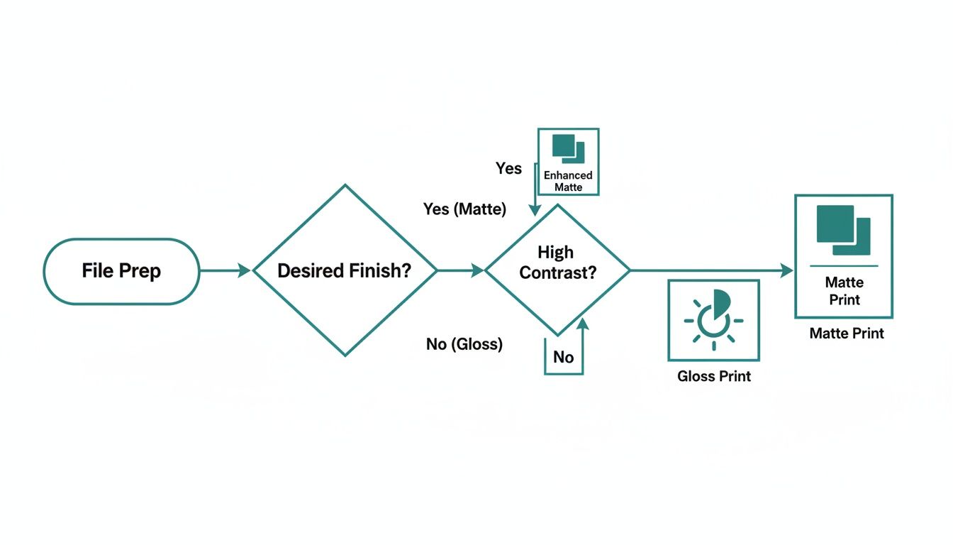 Flowchart detailing the selection process for different print finishes: Enhanced Matte, Matte, or Gloss.