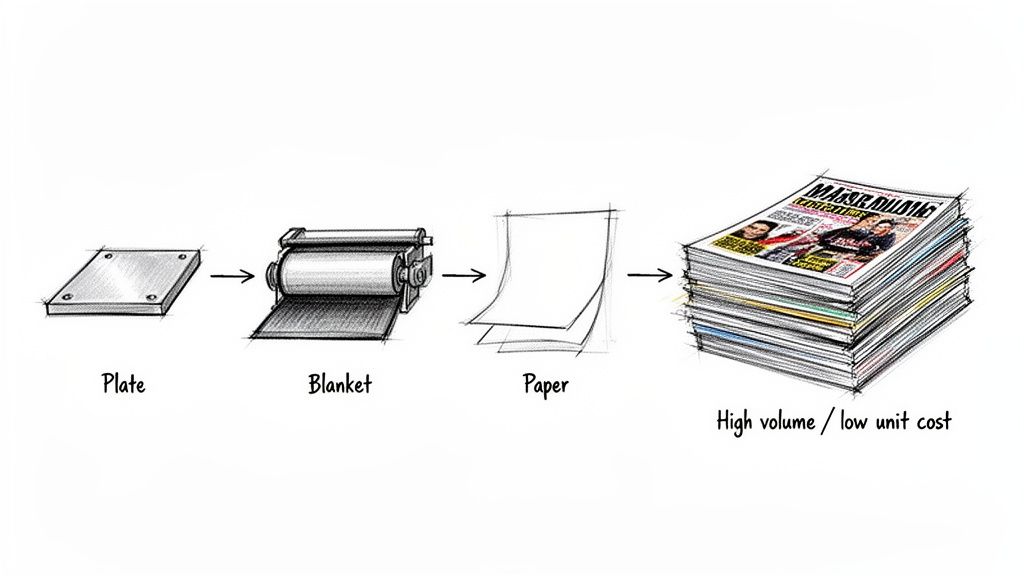 Diagram showing the offset printing process: plate, blanket, paper, resulting in high-volume, low-cost printed magazines.