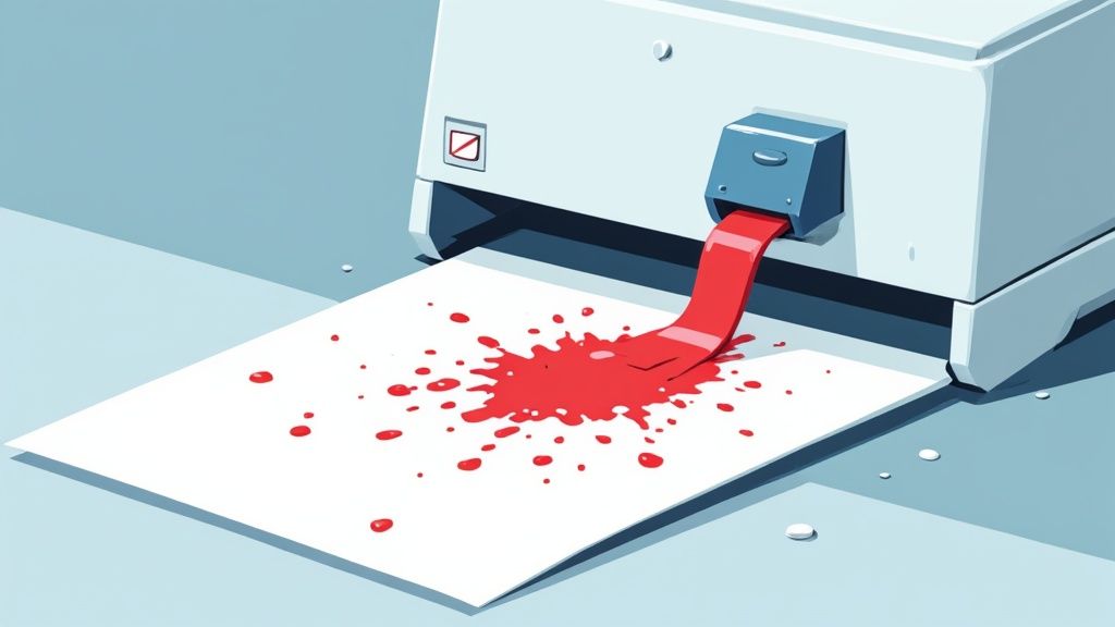 A digital printing press in operation, showing sheets of paper moving through the machine.