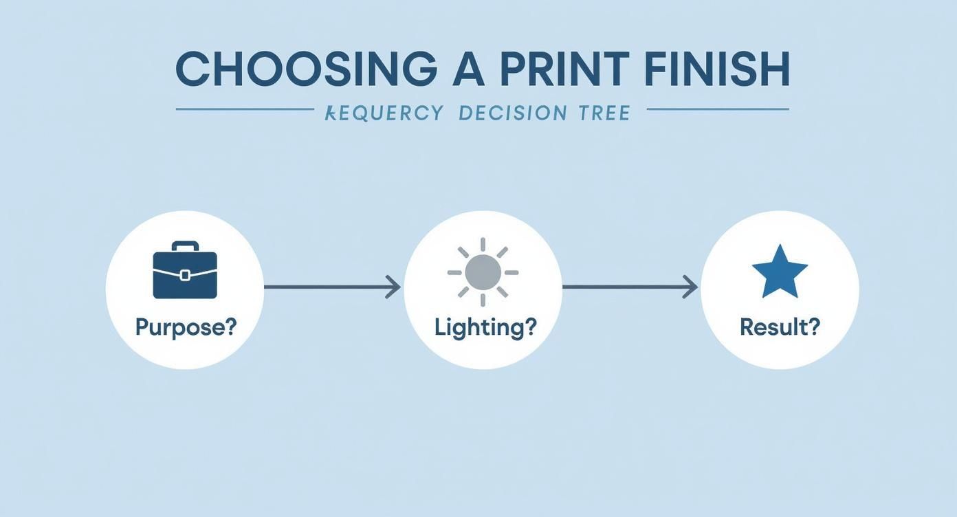 Infographic decision tree to help choose between matte and glossy print finishes based on purpose, lighting, and desired result.