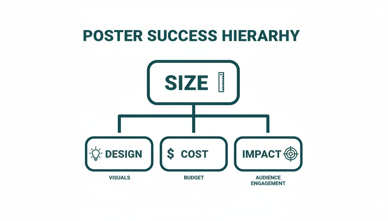 A diagram titled 'Poster Success Hierarchy' showing size at the top, leading to design, cost, and impact.
