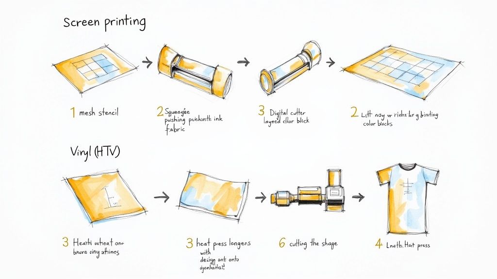 Diagram illustrating the step-by-step processes of screen printing and heat transfer vinyl (HTV) methods.