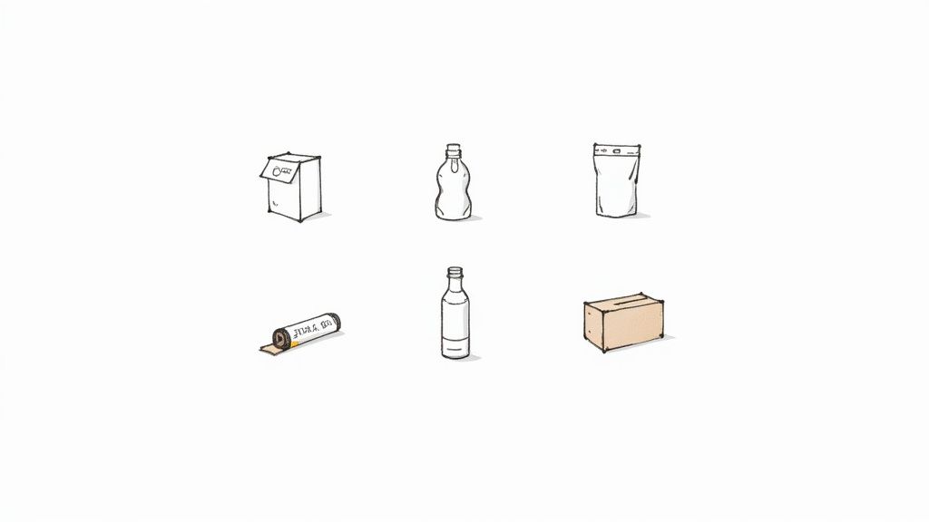 A collection of various packaging types, including cartons, bottles, pouches, and a cardboard box.