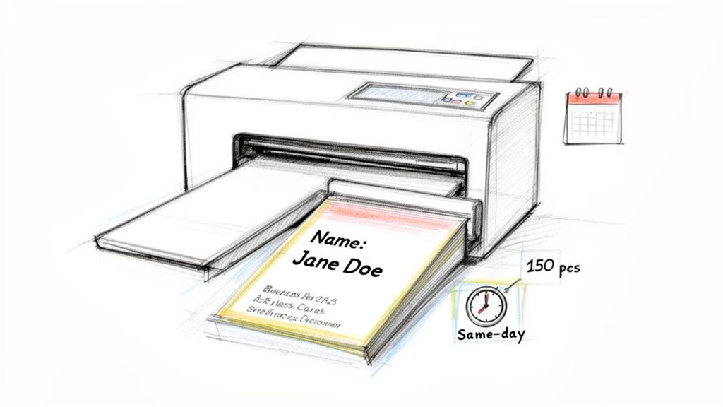 Sketch of a printer producing a stack of business cards, indicating 150 pieces and same-day service.