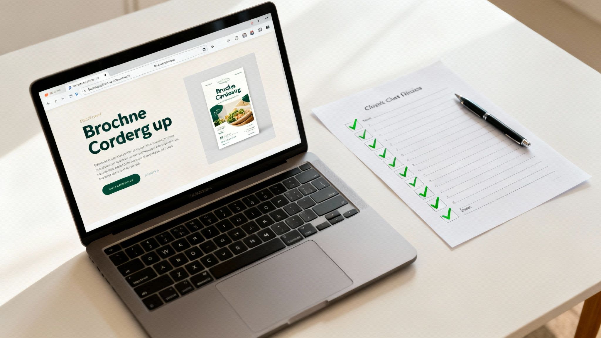 Modern workspace with a laptop displaying a brochure design, a checklist, and a pen.