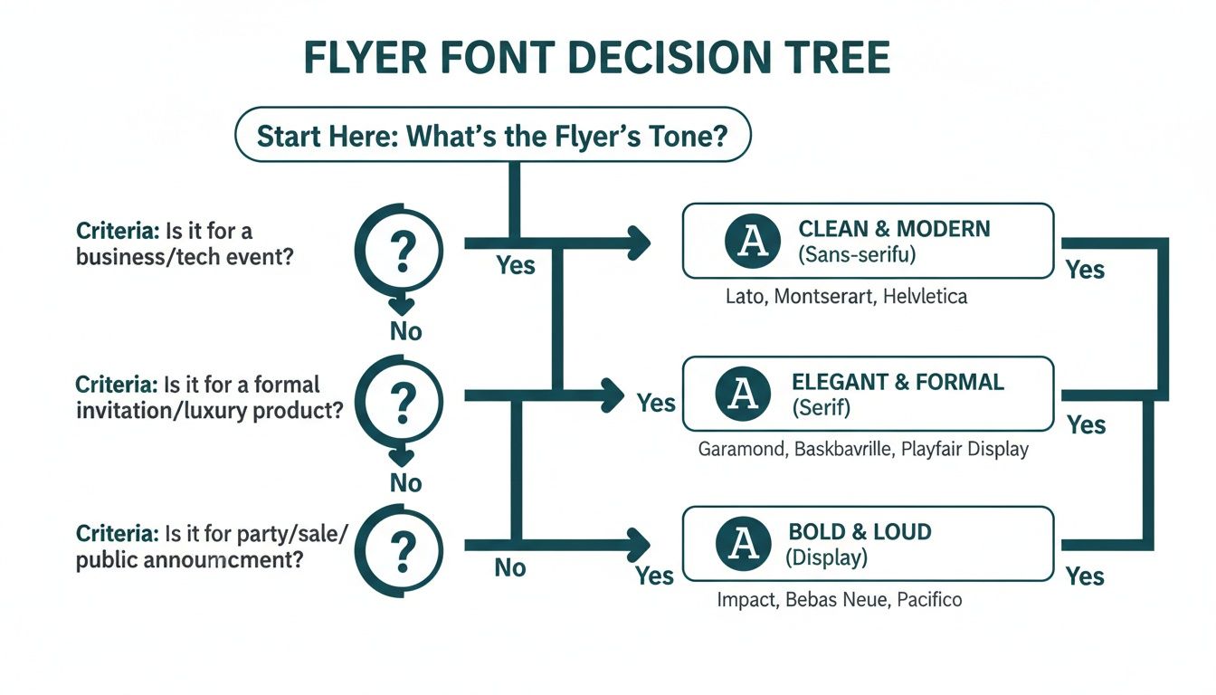 Flyer font decision tree guiding font choices based on event tone like business, formal, or party.