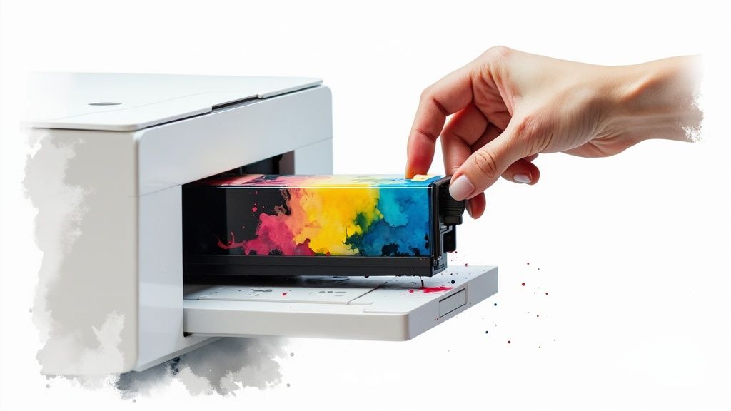 A user replacing an ink cartridge in a modern inkjet printer, with other cartridges visible.