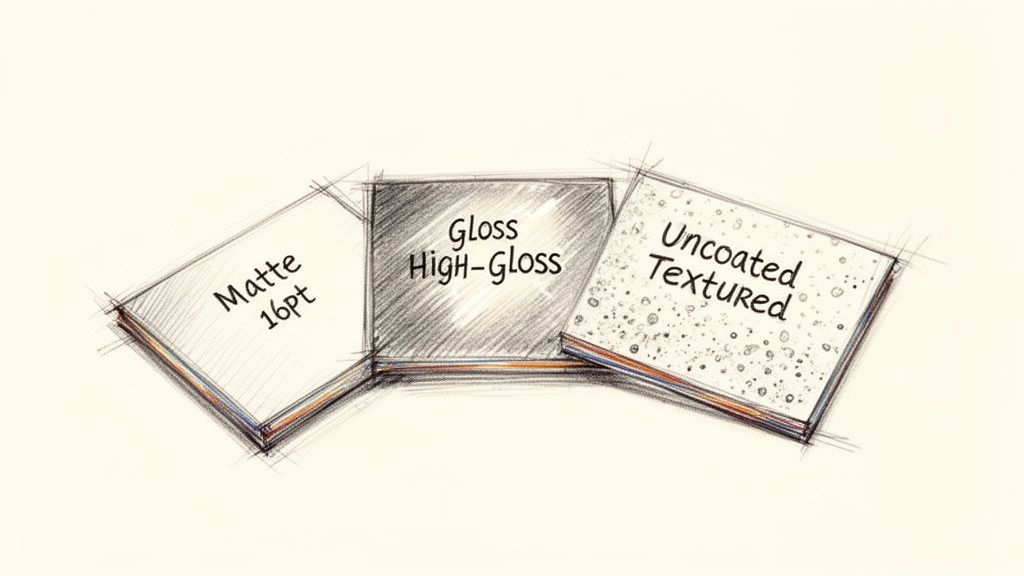 Hand-drawn illustration of three paper samples: Matte 16pt, Gloss High-Gloss, and Uncoated Textured.
