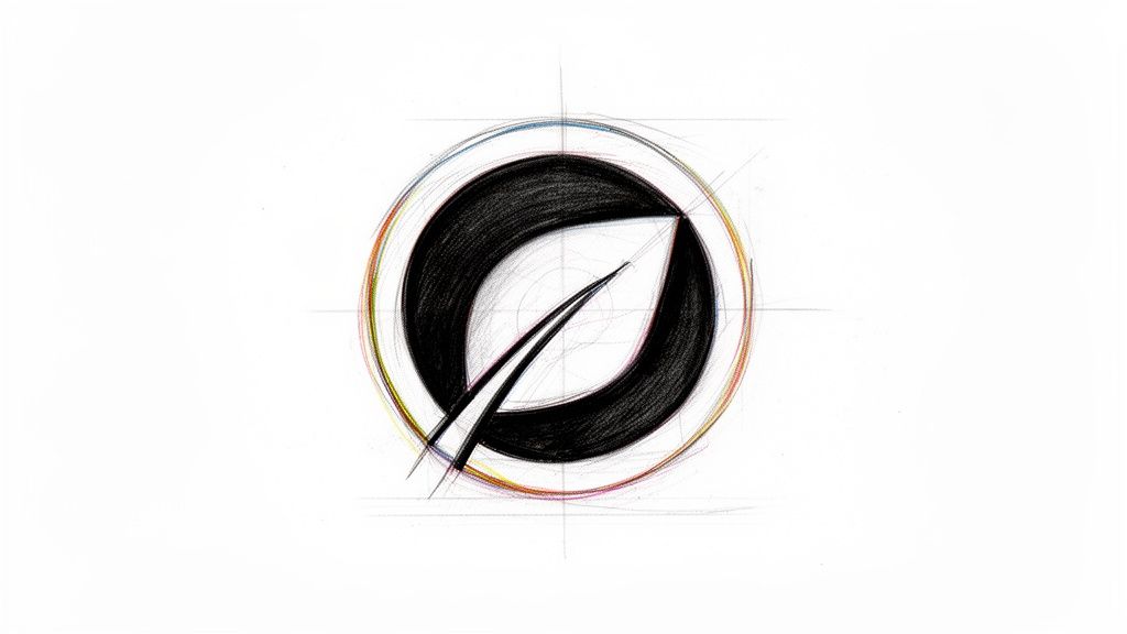 A hand-drawn sketch of a modern logo featuring a black leaf shape within a colorful circle.