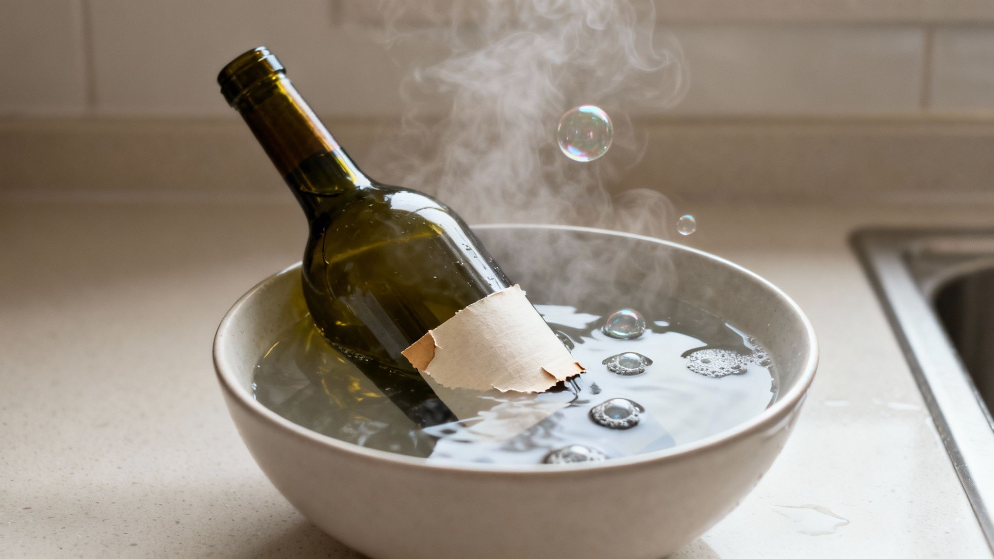 Green glass bottle with a blank label soaking in a bowl of hot water, creating steam and bubbles.