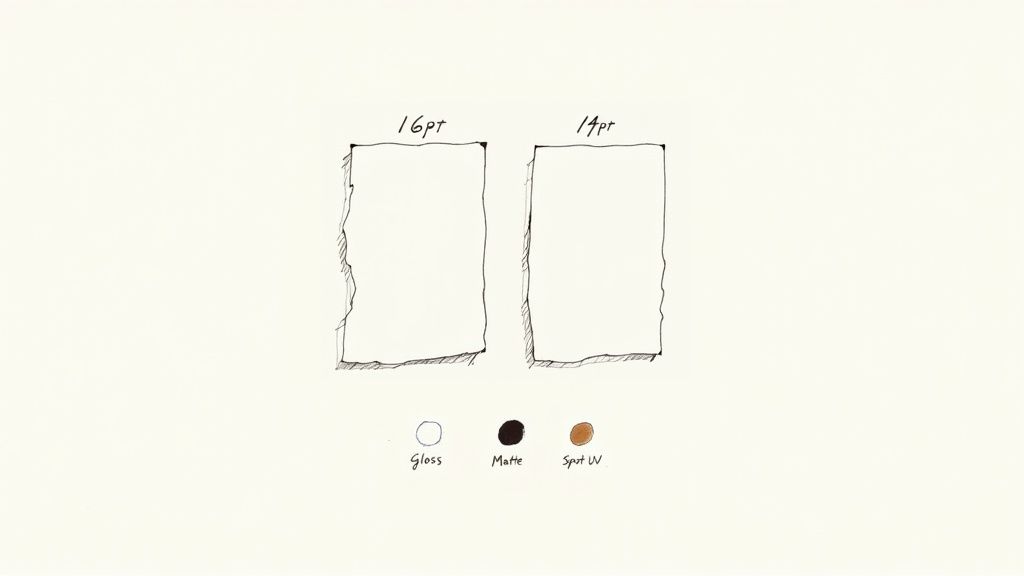 Hand-drawn guide showing two card thickness options, 16pt and 14pt, and three finishes: Gloss, Matte, and Spot UV.