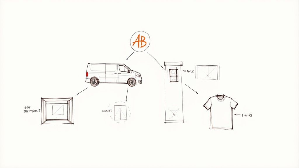 A conceptual diagram showing an 'AB' logo connected to a van, architectural elements, and a t-shirt.