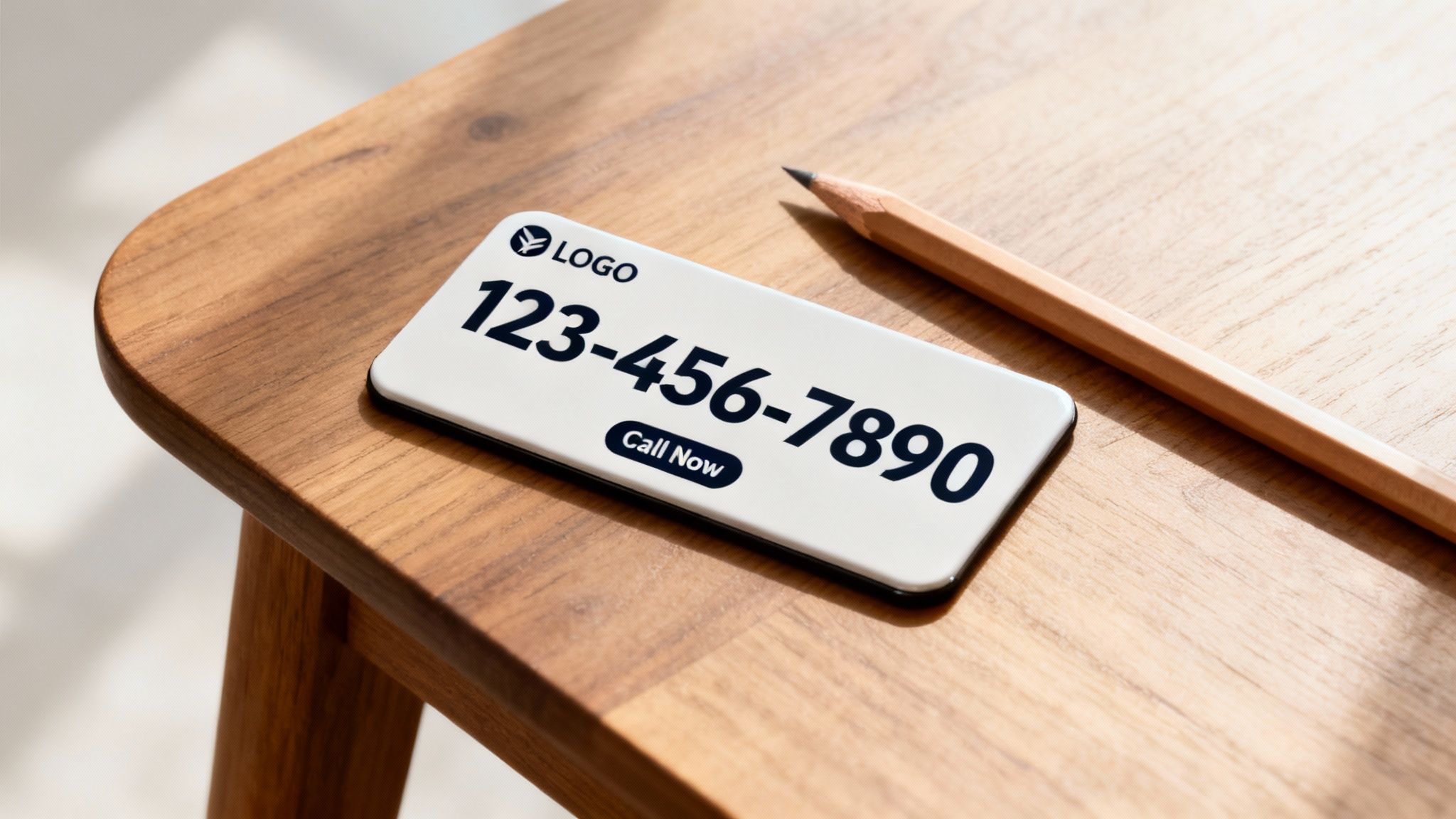 A smartphone screen displaying a generic phone number and 'Call Now' button next to a pencil on a wooden table.