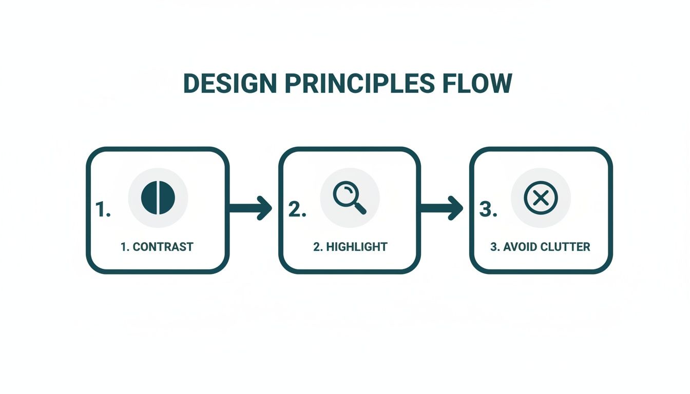 Flow diagram illustrating three key design principles: Contrast, Highlight, and Avoid Clutter for clarity.