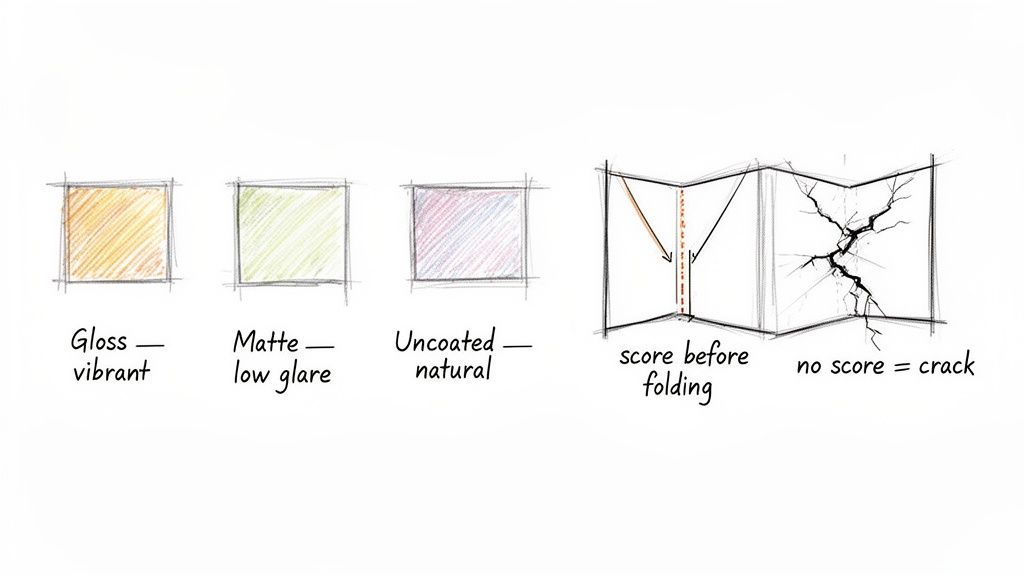 Illustrations comparing gloss, matte, and uncoated paper finishes, and showing how scoring prevents paper cracks.