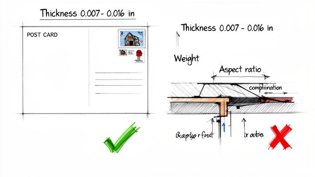 Illustration comparing standard postcard thickness and design to a complex, problematic alternative.