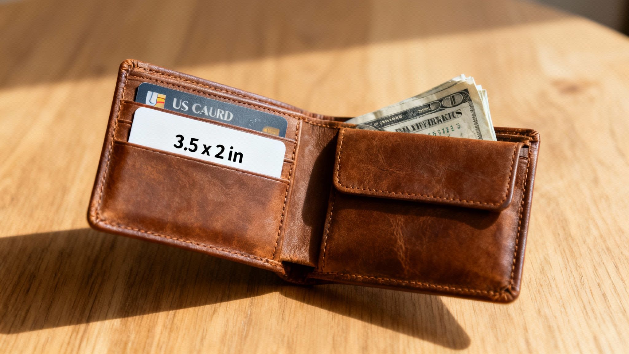 A brown leather wallet open on a wooden table, showing US currency and business cards.