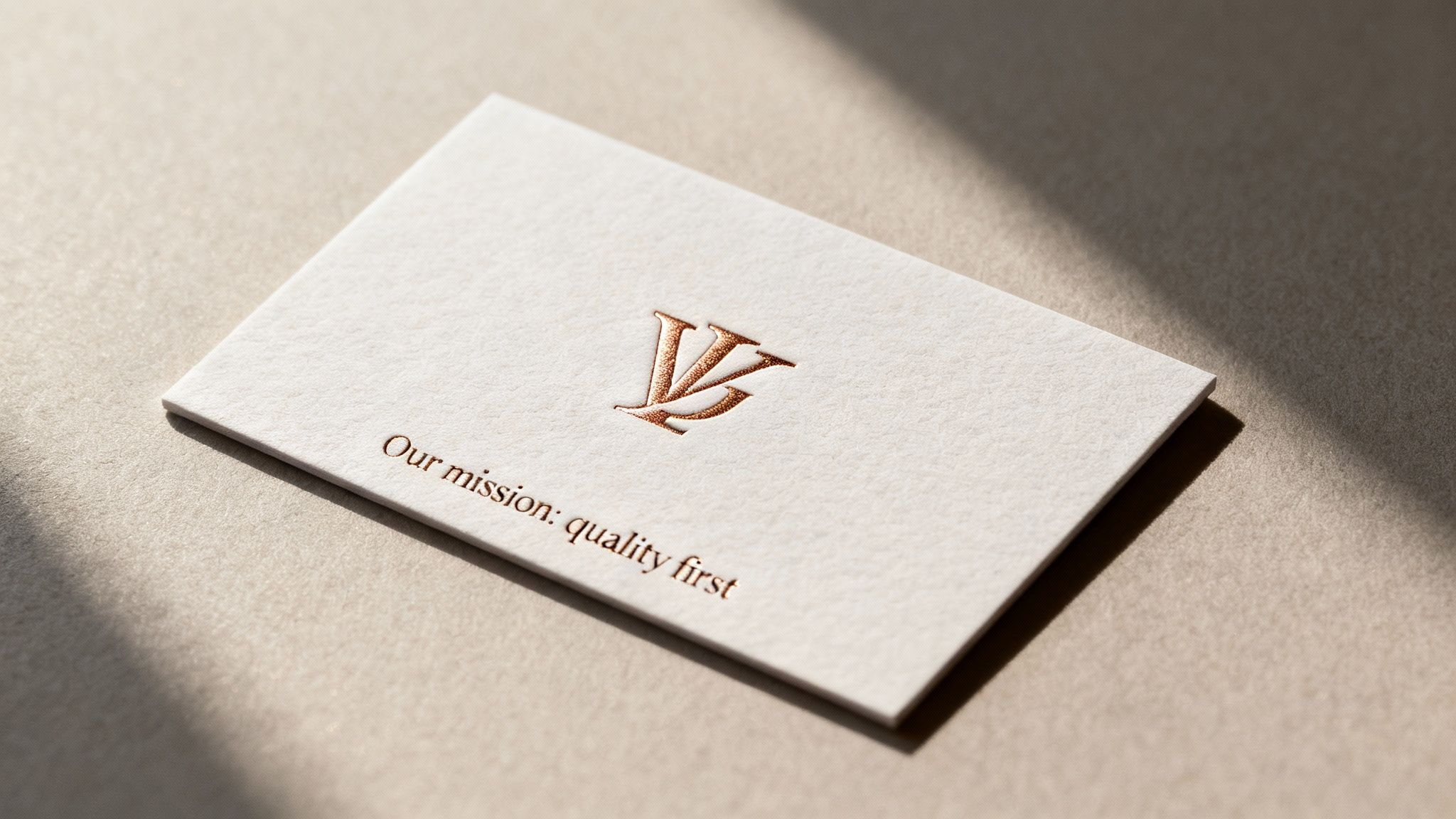 Close-up of a textured cream business card with a debossed bronze logo and 'Our mission: quality first'.