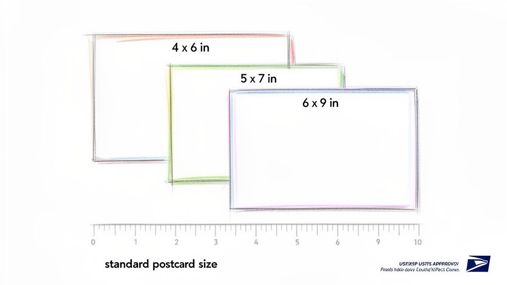 Three postcard sizes (4x6, 5x7, 6x9 inches) shown with a ruler for accurate measurement and scale.