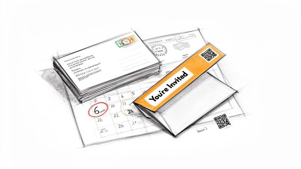 A detailed sketch showing event invitations, a calendar with circled dates, and QR codes for marketing.