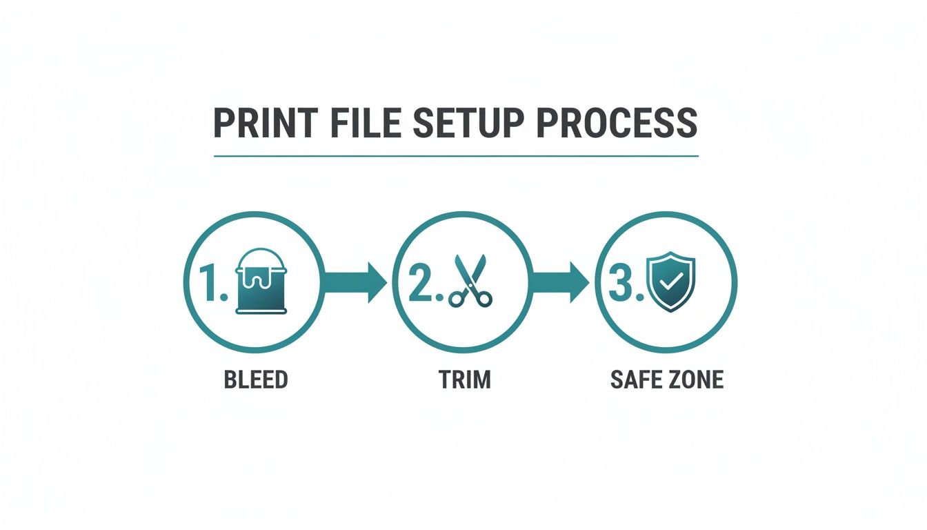Infographic illustrating the print file setup process, including steps for bleed, trim, and safe zone.