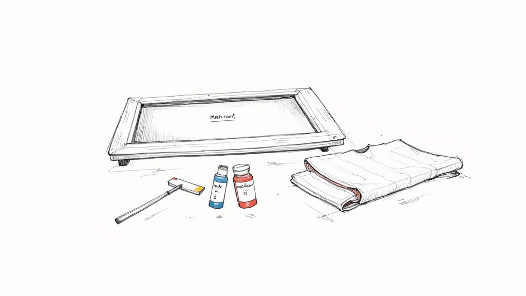 A black and white sketch illustrating various screen printing tools: a mesh frame, squeegee, inks, and a folded shirt.
