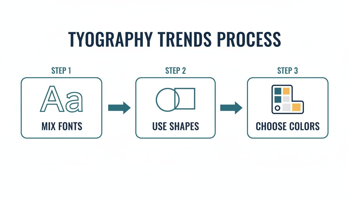 A three-step process diagram for typography trends: Mix Fonts, Use Shapes, Choose Colors.