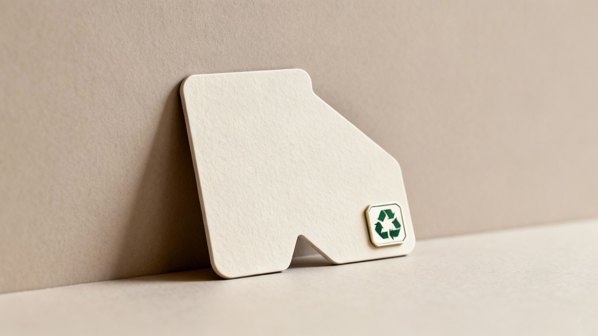 A light beige, house-shaped card with a green recycling symbol badge, leaning on a neutral background.