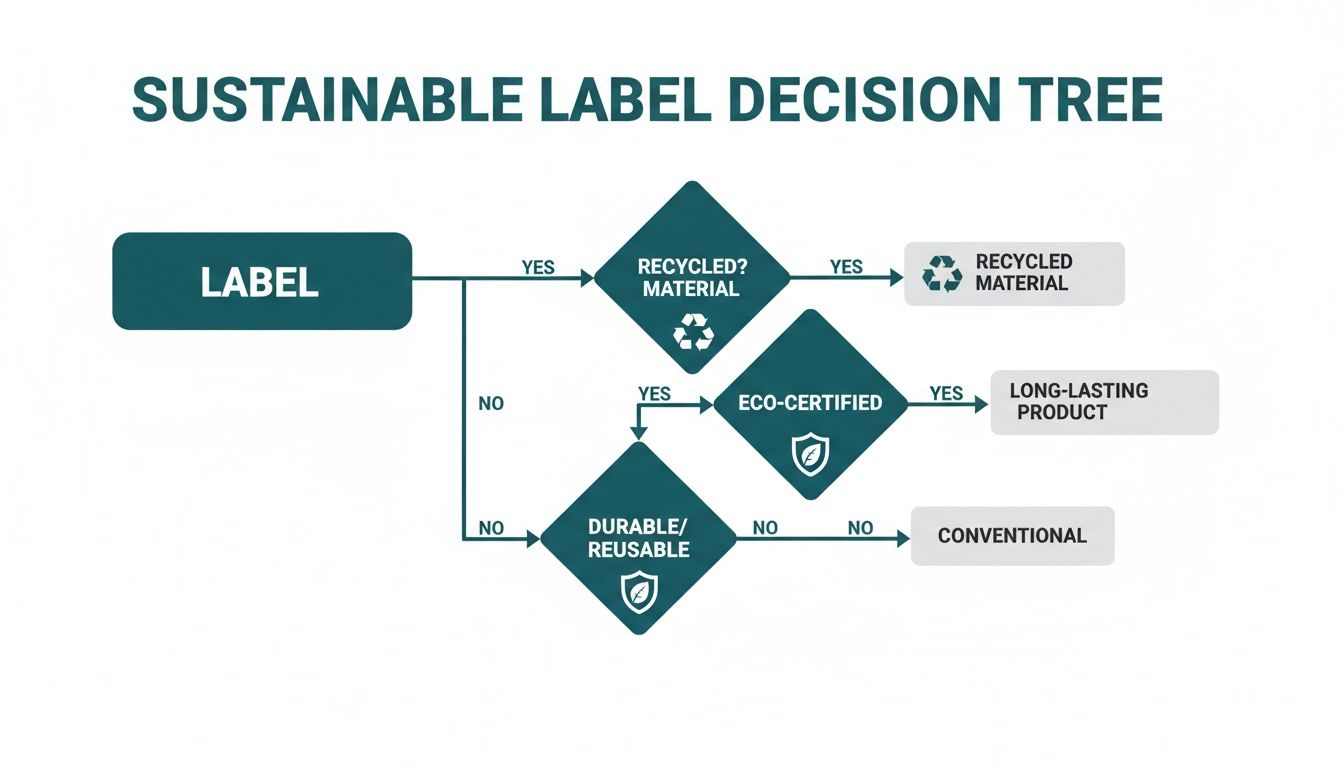 Sustainable label decision tree flowchart showing paths to recycled, long-lasting, or conventional labels.