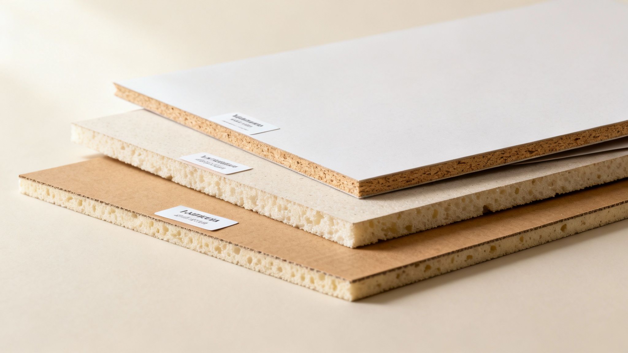 Three layered material samples showcasing different types of foam, particle, and cardboard-faced boards.