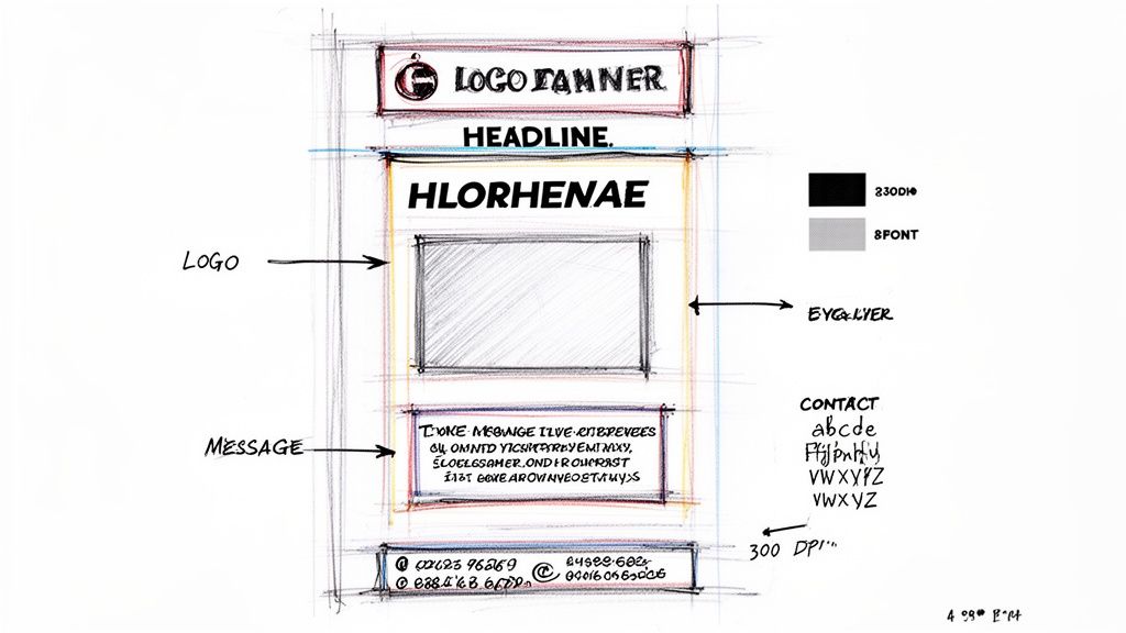 Hand-drawn sketch illustrating a pop-up banner design with logo, headline, image, message, and contact information.