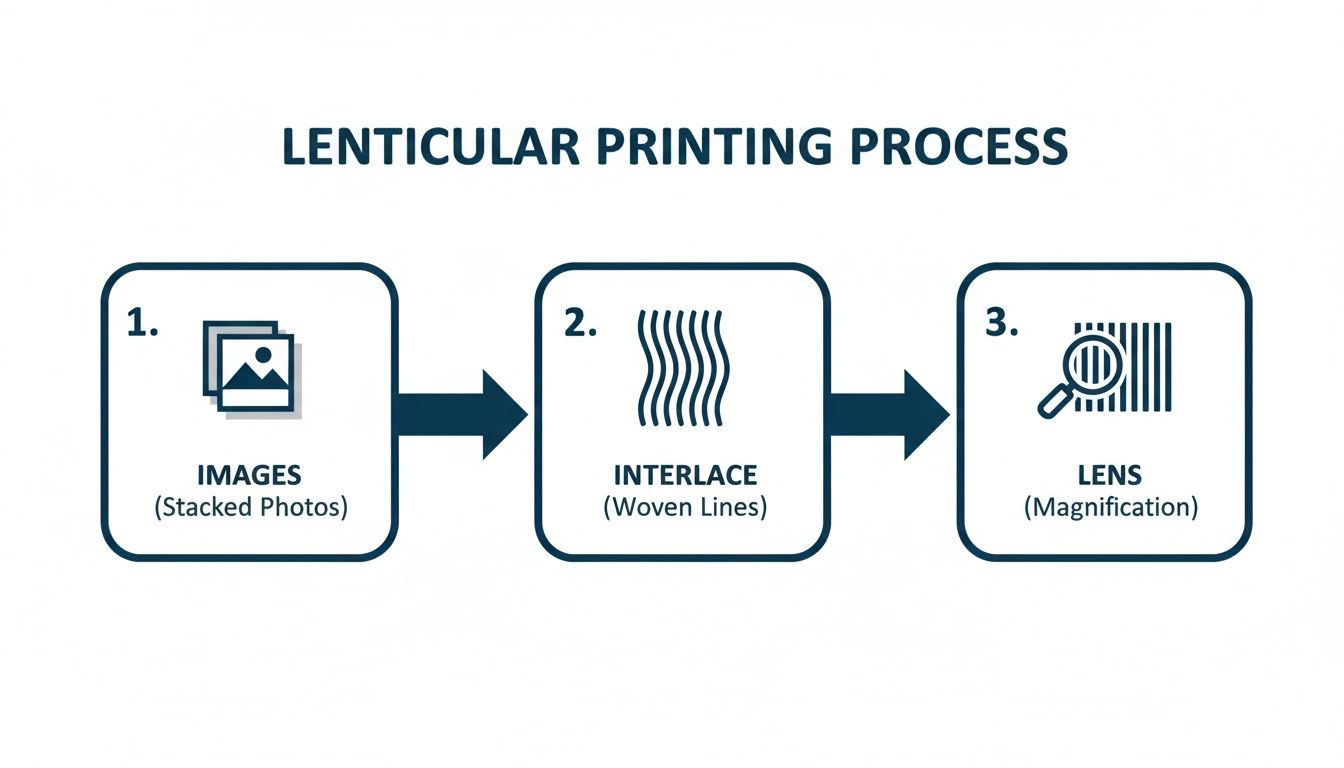 Flowchart illustrating the three-step lenticular printing process, showing images, interlace, and lens.