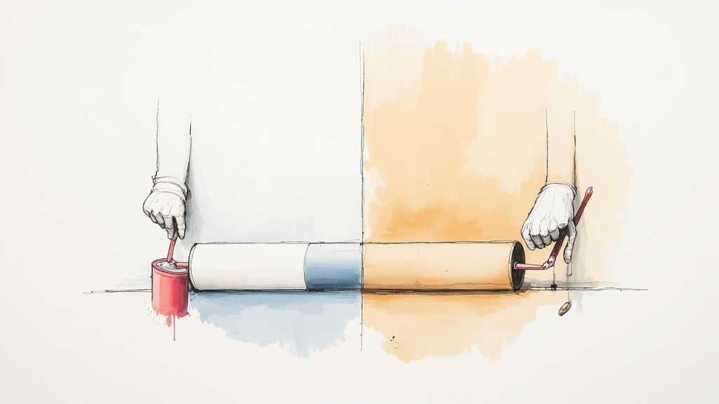 Illustration of gloved hands, one painting a cylinder blue, the other extracting a golden object.