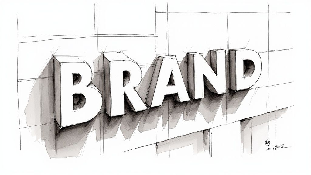 Hand-drawn architectural sketch of the word 'BRAND' in 3D block letters on a white wall.