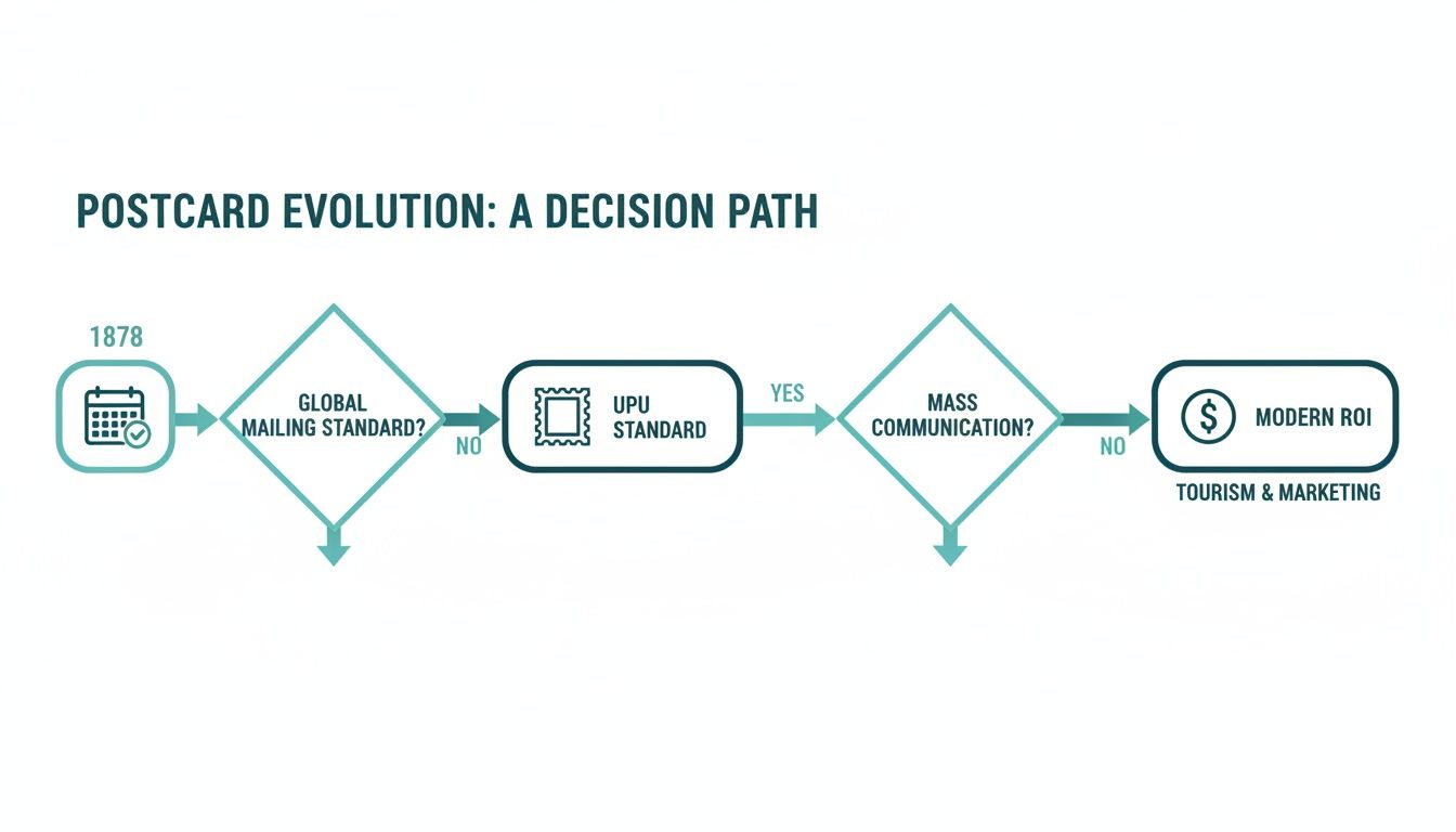 Flowchart illustrating the historical evolution of postcards, from global mailing standards to modern marketing ROI.