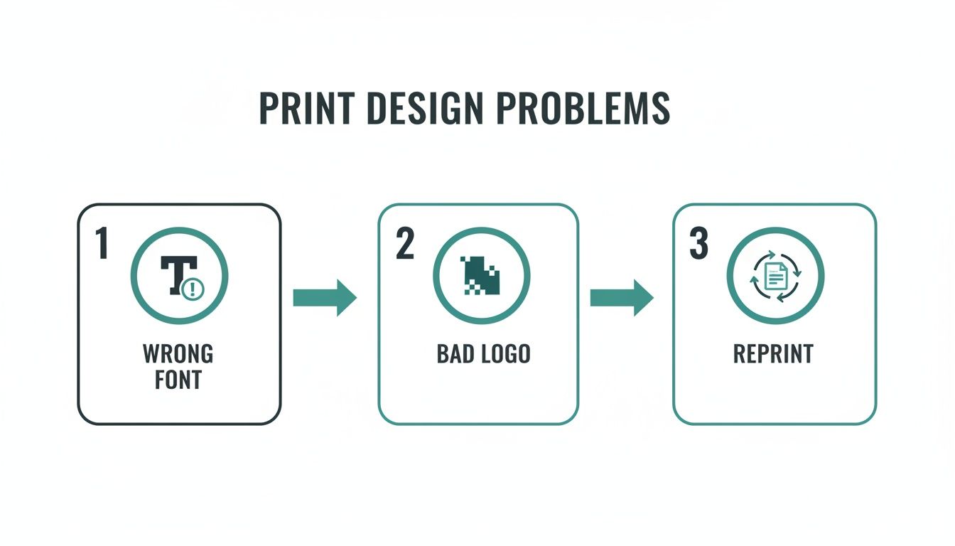 Flowchart illustrating common print design problems: wrong font, bad logo, leading to a reprint.