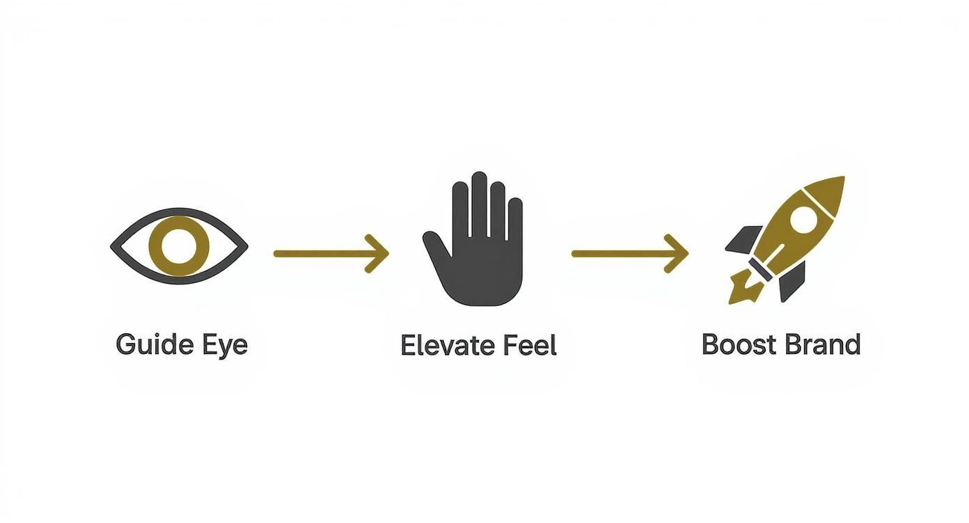 Diagram illustrating a three-step process: guide eye, elevate feel, and boost brand, with icons.