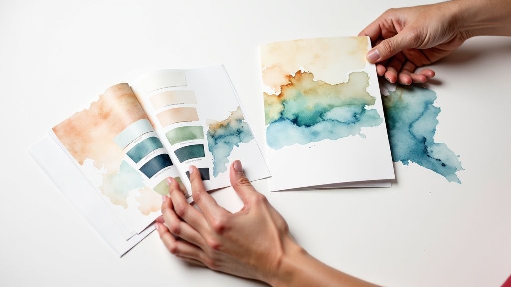 A graphic designer working on a brochure layout on a computer, with color swatches and paper samples on the desk.